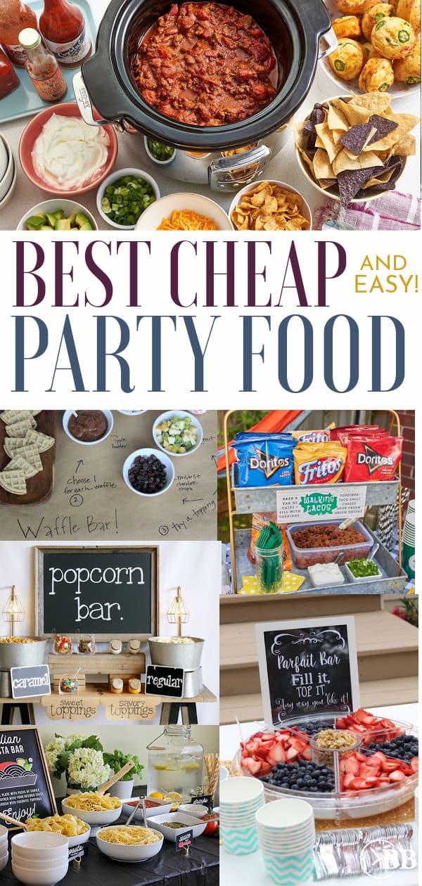 Collage of cheap and easy party food. Waffl bar, popcorn bar, walking tacos, and parfait bar ideas