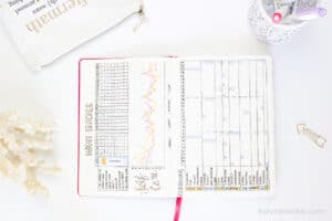 A pink dot grid journal splayed out open on the table with bullet journal style entries in it showing weekly trackers that have been filled out. 