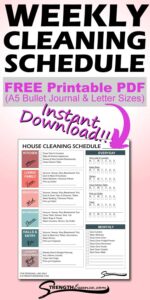 Printable cleaning chart broken up into days of the week with tasks assigned like "Taking out the trash". there's large text that says "Weekly cleaning schedule, Free printable PDF, Instant Download". 